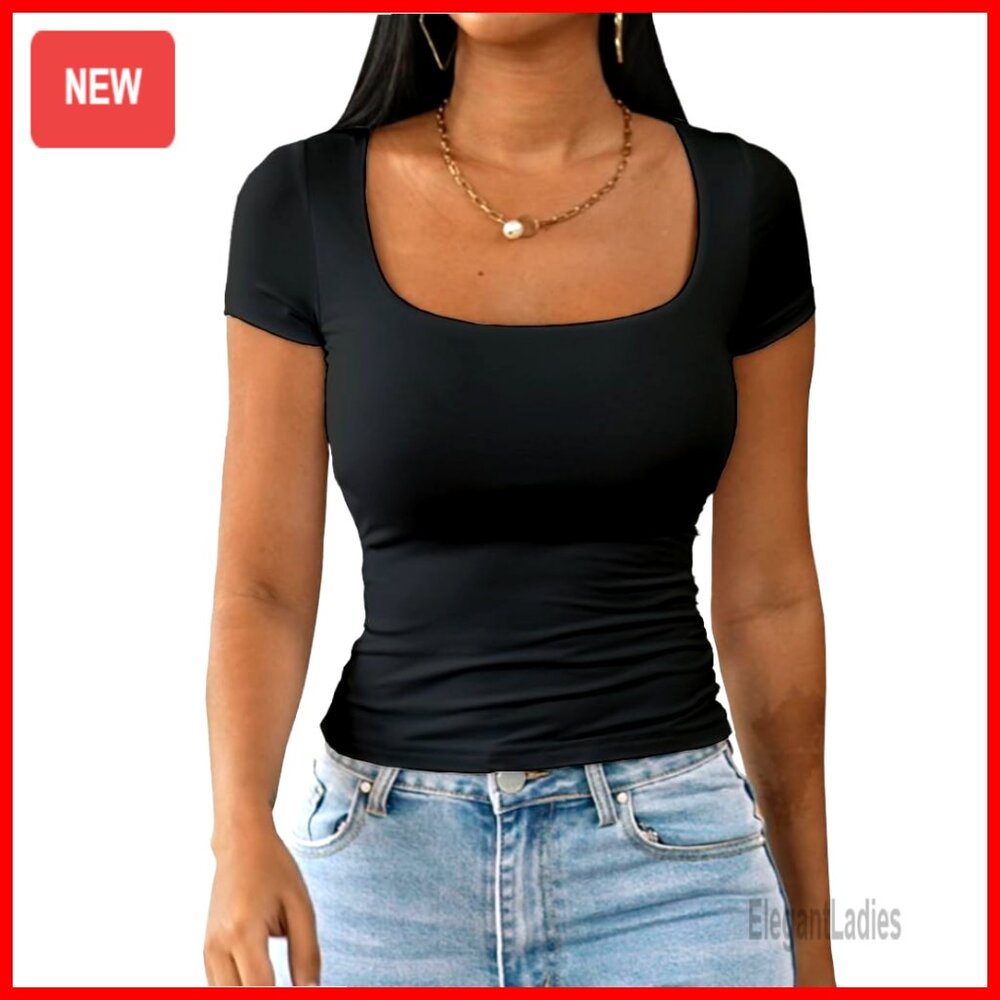 Modal Square Neck Crop Top Slim Fit Double Lined Summer Shirt